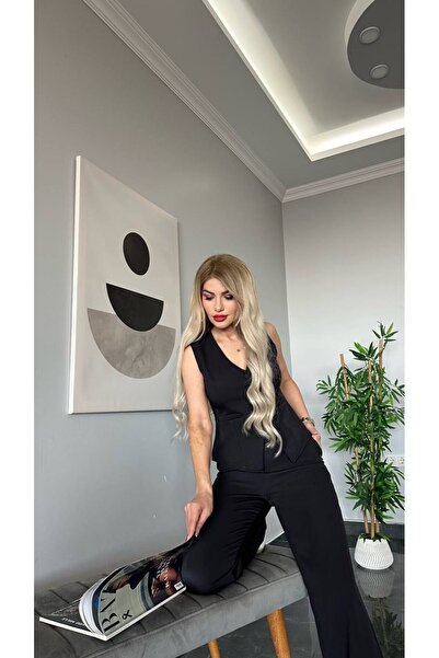 Arv Moda PANTALON VEST SET IMPORTED DABIL FABRIC Women's Buttoned Vest Palazzo Wide Leg Trousers Double Set