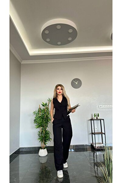 Arv Moda PANTALON VEST SET IMPORTED DABIL FABRIC Women's Buttoned Vest Palazzo Wide Leg Trousers Double Set