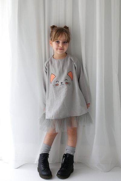 Catz Kids Γκρι λινό φόρεμα Tutu με κέντημα γάτας