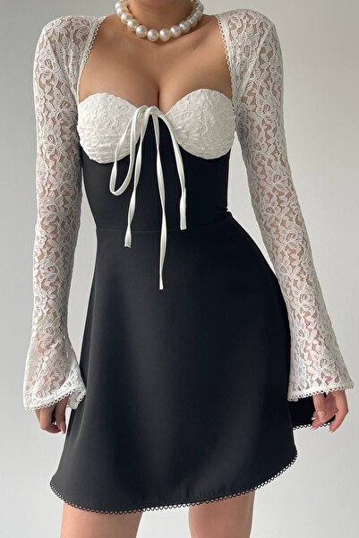 bayansepeti Černá Atlas Fabric Zavazovací Degaje límec zpět Nízký střih rukávů Krajkové minišaty 238