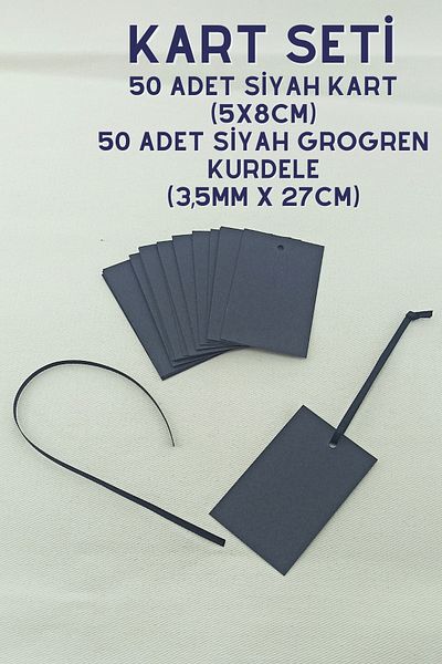 Netsan Etiket 50 Pieces 5 x 8cm Black Card Set + 50 Pieces 3.5mm x 27cm Black Grosgrain Ribbon