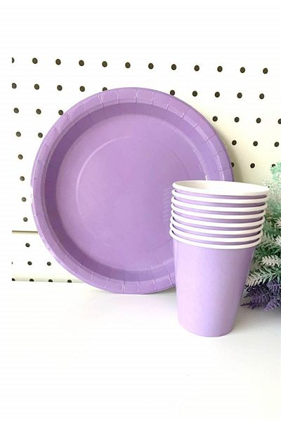 Partifabrik Set of 8 Lilac Macaron Pastel Cardboard Plates and Glasses