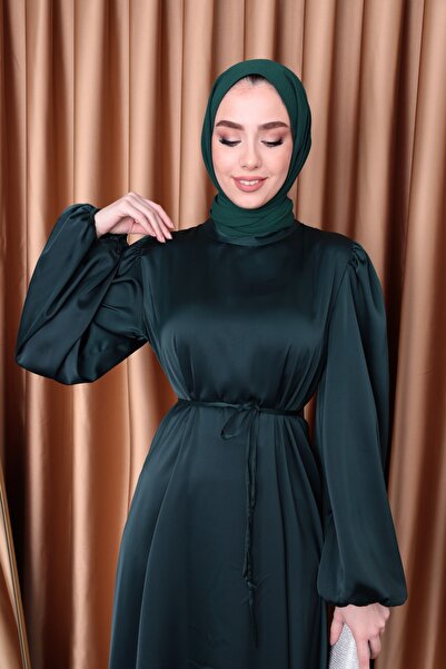 Aranlı tekstil Μπαλόνι μανίκι Σατέν Hijab Oversize Piping ζωσμένο φόρεμα Hijab