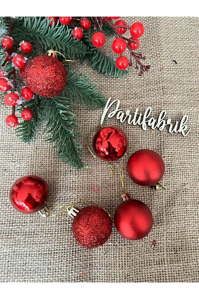 Partifabrik New Year's Pine Tree Ornament Red Ball Ornament Set 4 Cm 6 Pieces