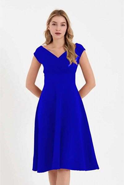 Janes Giyim Rochie de damă cu mânecă scurtă, cu guler dublu, cu volan, din crepon