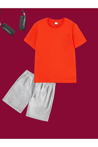 Boi Tricou simplu de bază, neimprimat, supradimensionat din bumbac pieptănat - Pantaloni scurți cu potrivire obișnuită Set de tricou și pantaloni scurți - Pantaloni de jos - Top
