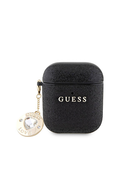 Guess Uyumlu Kılıf Guess  Lisanslı Glitter Elmas Kalp Süs Zincirli Siyah