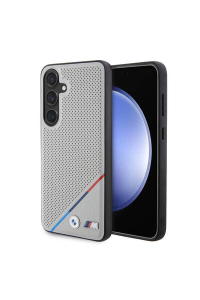 BMW Galaxy S24 Uyumlu Kılıf BMW Lisanslı Magsafe Özellikli M Logolu Üç Çizgili Delikli Deri Kapak Gri