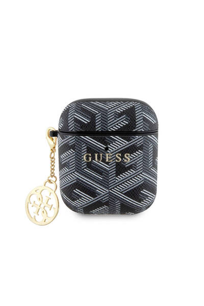 Guess Airpods Uyumlu Kılıf Guess  Lisanslı G Cube Desenli 4G Süs Zincirli Siyah
