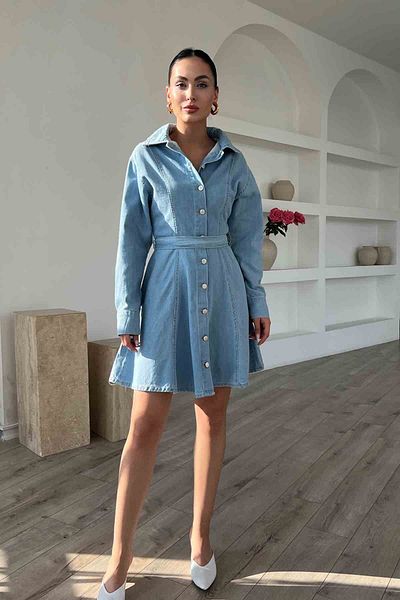 Seda Yalçın Atelier Blue Belted Denim Dress with Button Detail on the Front