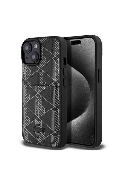 Lacoste iPhone 15 Kılıf Lacoste Lisanslı Magsafe Özellikli PU Deri Görünüm Kartlıklı Monogram Desenli Siyah