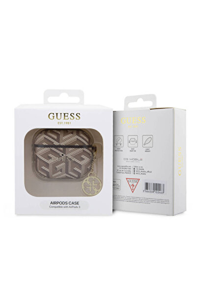 Guess Airpods 3. Nesil Uyumlu Kılıf Guess  Lisanslı G Cube Desenli 4G Süs Zincirli Kahverengi