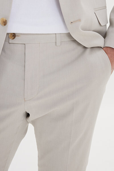 ALTINYILDIZ CLASSICS Erkek Bej Slim Fit Dar Kesim Mono Yaka Pamuklu Diagonal Desenli Takım Elbise