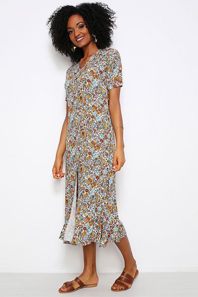 AVORWE V-Neck Front Button Floral Short Sleeve Midi Dress