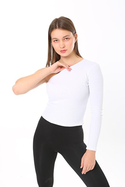 CHEISU Bluză albă cu mânecă lungă cu un umăr - Tricou cu nervuri