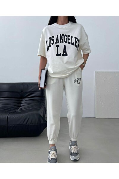 MODERNİZE Women's Los Angeles Printed Combed Cotton Short Sleeve Tracksuit Set