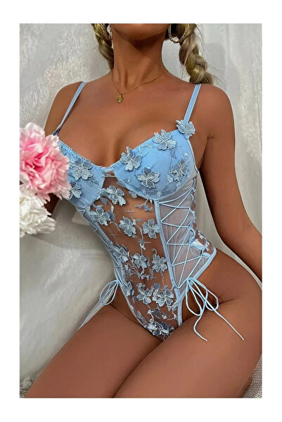 For Dreams-8423 Bebek Mavisi Tek Parça Seksi Çiçek Desenli Transparan Detaylı Babydoll