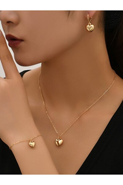 RM Bijuteri Gold Pirinç  3 lü Kalp Takı Seti -Kolye Bileklik Küpe-