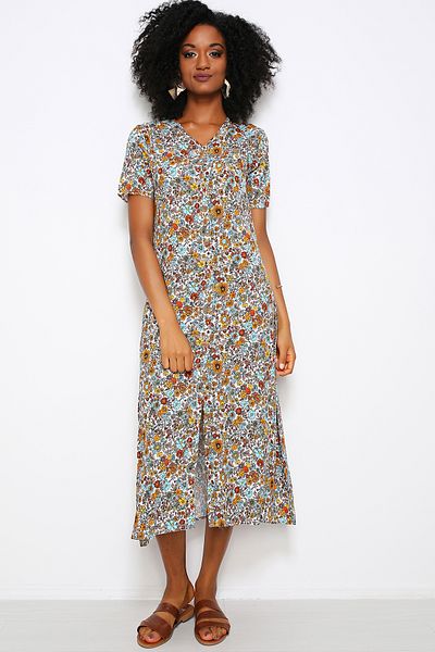 AVORWE V-Neck Front Button Floral Short Sleeve Midi Dress