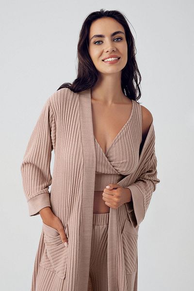 Artış Soft Textured Knitwear Crop Dressing Gown Pajama Set