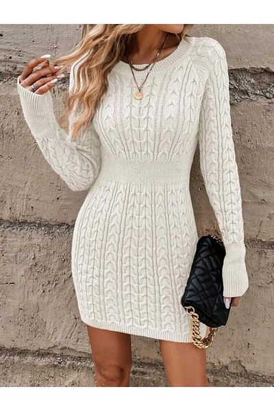 SolQ Round Neck Hair Knitted Model Waist-Seated Model Women's Knitwear Dress