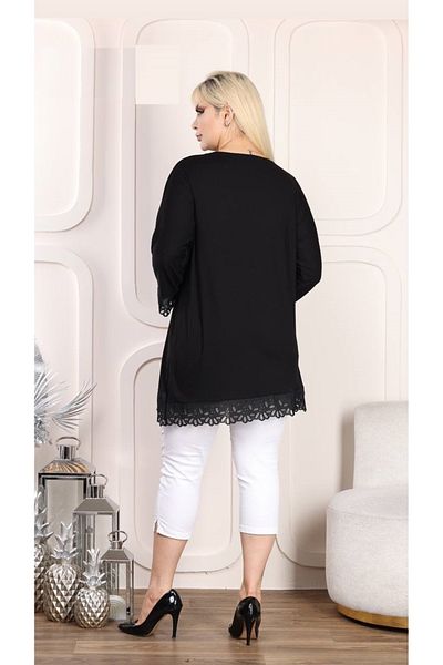 Butik Nilyam Women's Large Size Crew Neck Guipure Detailed Flexible Tunic 24033 Black