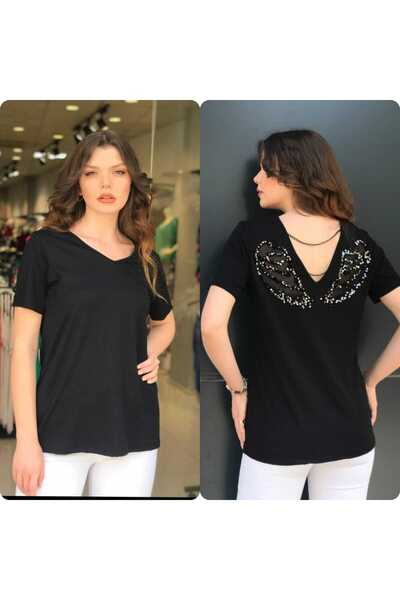 NUR TEKSTİL Kadın siyah Viskon Pamuklu penye  sırtı melek kanatlı zincirli bluz