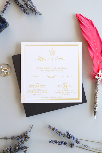 Pixel Davetiye Siyah - 50 Adet Düğün Davetiye Altın Yaldızlı-Düğün-Nişan-Kına-Sünnet-Nikah Davetiye-8685