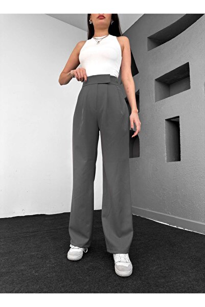 ESRAHELVACI بنطال واسع الساق بتفاصيل أنثراسايت