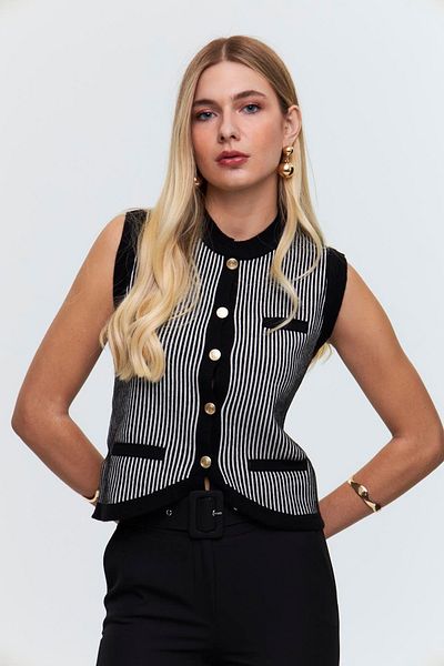 erki triko Vertical Striped Pocket Cover Detailed Oval Cut Knitwear Vest