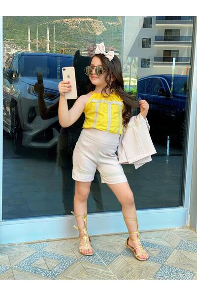 Generic Brand Girl's yellow color vest, blouse, shorts, buckle 4-piece set