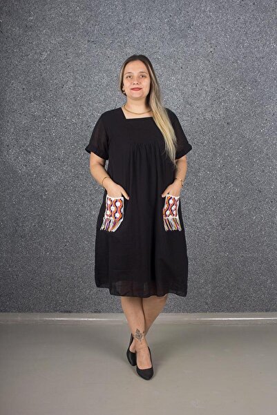 Truva XXL Rochie de marime mare, autentică, din bumbac, cu guler pătrat, negru Elb652