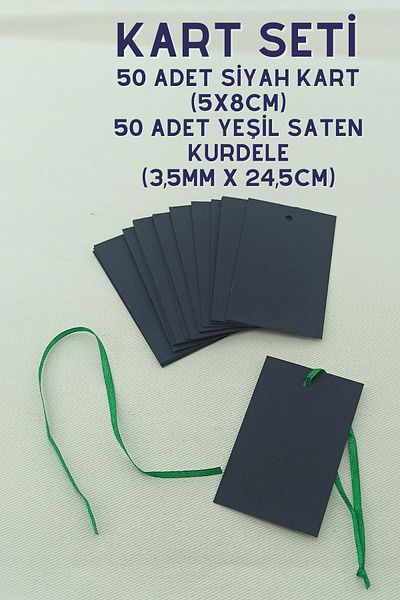 Netsan Etiket 50 Pieces 5 x 8cm Black Card Set + 50 Pieces 3.5mm x 24.5cm Green Color Satin Ribbon