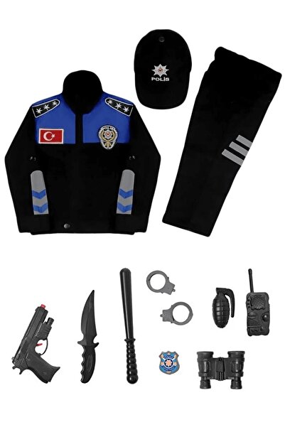 Mashotrend Mavi Polis Kostümü Alt Üst + Şapka + Oyuncak seti Çocuk Polis Kost...