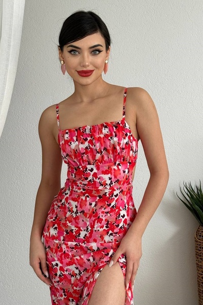 lovebox Жіноча сукня-футляр з квітковим принтом, з зав'язкою на спині та розрізом, з бретельками, довжина до коліна, 242