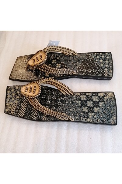 Butik Tülin Unisex otantik el yapım kahve bej bant çok hafif ahşap batik eva taban parmak arası terlik Endonezya