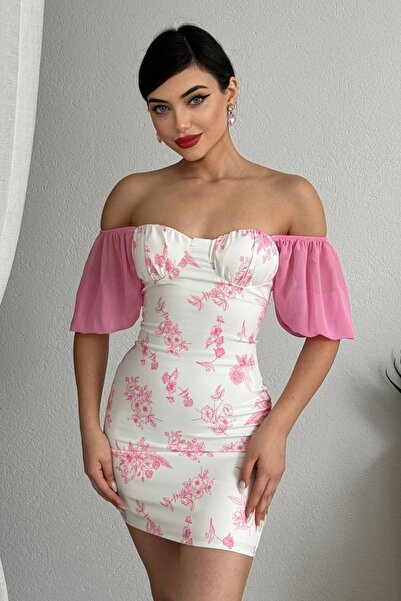 lovebox Kadın Çiçek Desenli Kumaş Tül Tasarım Prenses Kol Beyaz Mini Abiye Elbise 243