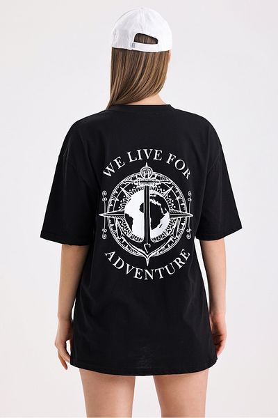 MD trend Tricou supradimensionat din bumbac cu imprimeu aventură față și spate pentru femei