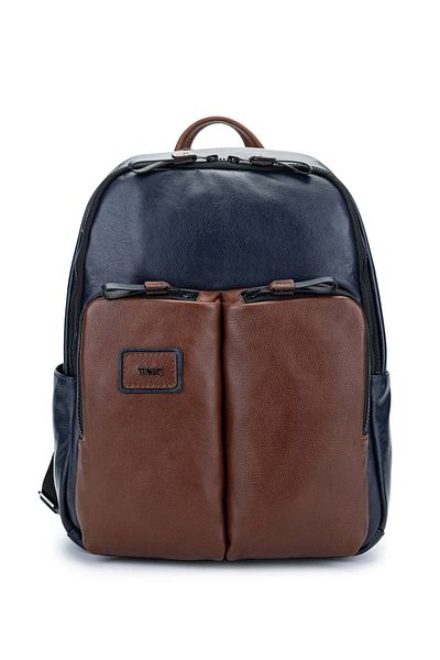 Tamer Tanca Navy Blue/Tan Men's Genuine Leather Backpack