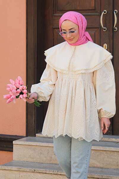 LOCCO Cămașă cu guler din dantelă pentru damă, crem