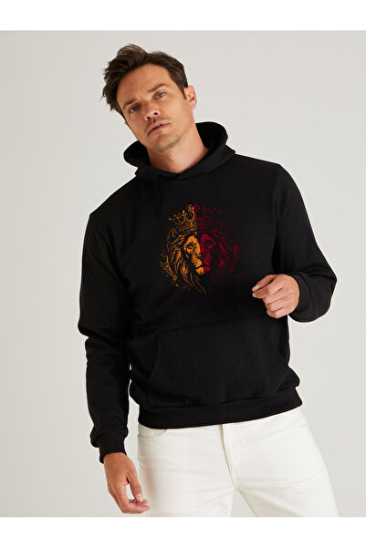 offsidesign Unisex Siyah Oversize Kapüşonlu Sweatshirt Sarı Kırmızı Aslan Tasarım Baskılı Siyah Kapüşonlu