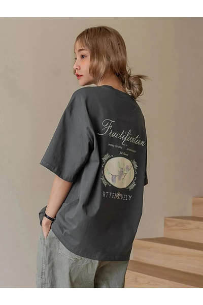 npLStore Antracit siva plodovita roda Štampano Oversize kroj T-shirt