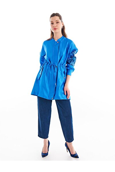 Kayra Nakış İşlemeli Belden Ayarlanabilir Ceket Gök Mavisi