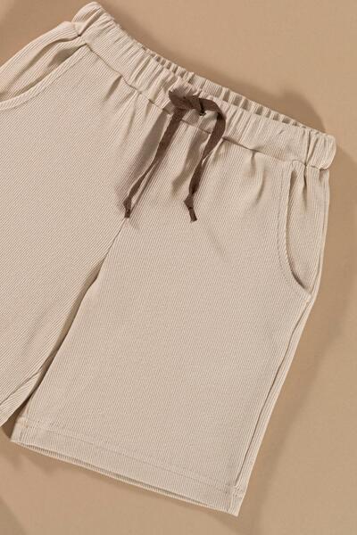 for you kids Striped Garnished Buttoned Stone T-Shirt Shorts Set