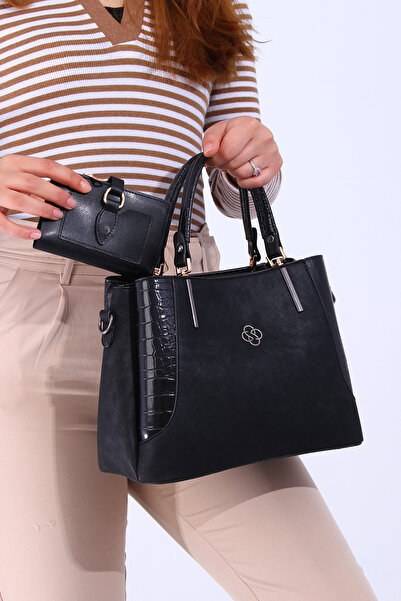 By Hakan Dm-1244 Nubuk Cüzdan Kombinli Kadın El Ve Omuz Çantası Siyah