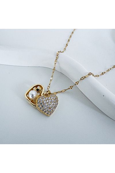 CHARMLUCKY Steel Pearl Heart Necklace