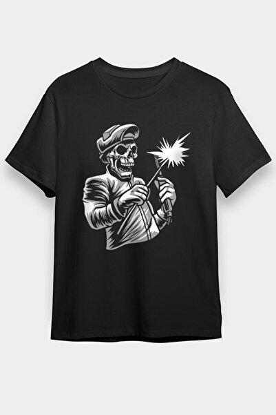 Darkhane Kaynakçı İskelet Siyah Unisex Kolsuz Tişört Kesik Kol T-Shirt