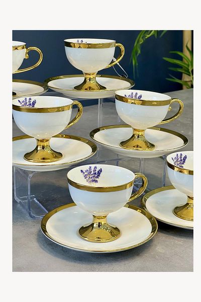 ACAR Luxury Porcelain Miranda Gold 6-Piece Cup Set White