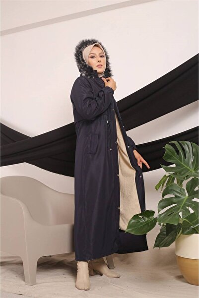 moda periy Kürklü içi polar şapkalı Ters Cep Kapaklı Uzun boy Tesettür Kaban