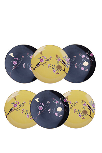 Lucky Art Lucile Siyah Sarı Kuş Desenli 6'lı Porselen Servis Tabağı Seti 20 cm